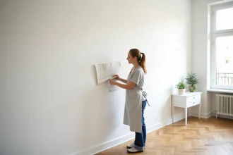 Femme posant du papier peint blanc intissé sur un mur de salon avec parquet en chêne en chevrons