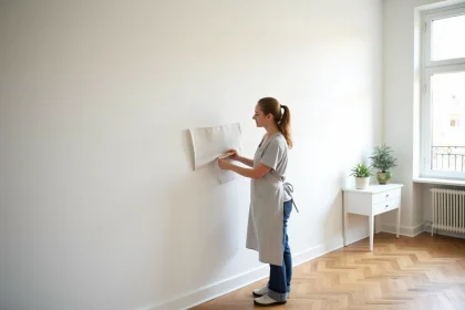 Femme posant du papier peint blanc intissé sur un mur de salon avec parquet en chêne en chevrons