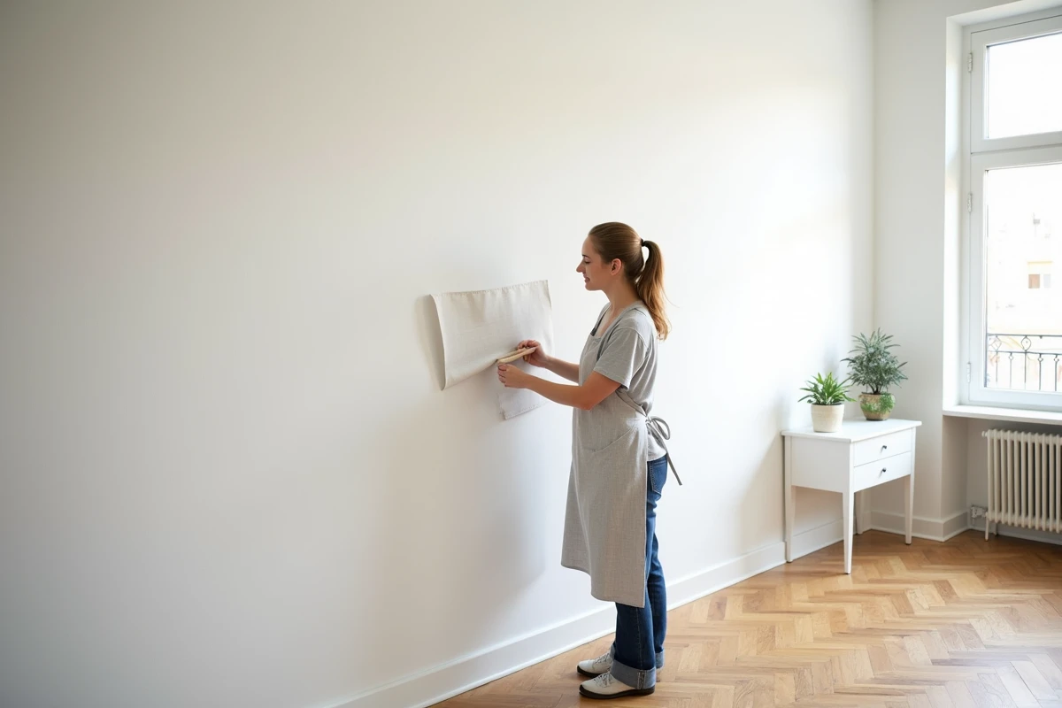 Femme posant du papier peint blanc intissé sur un mur de salon avec parquet en chêne en chevrons