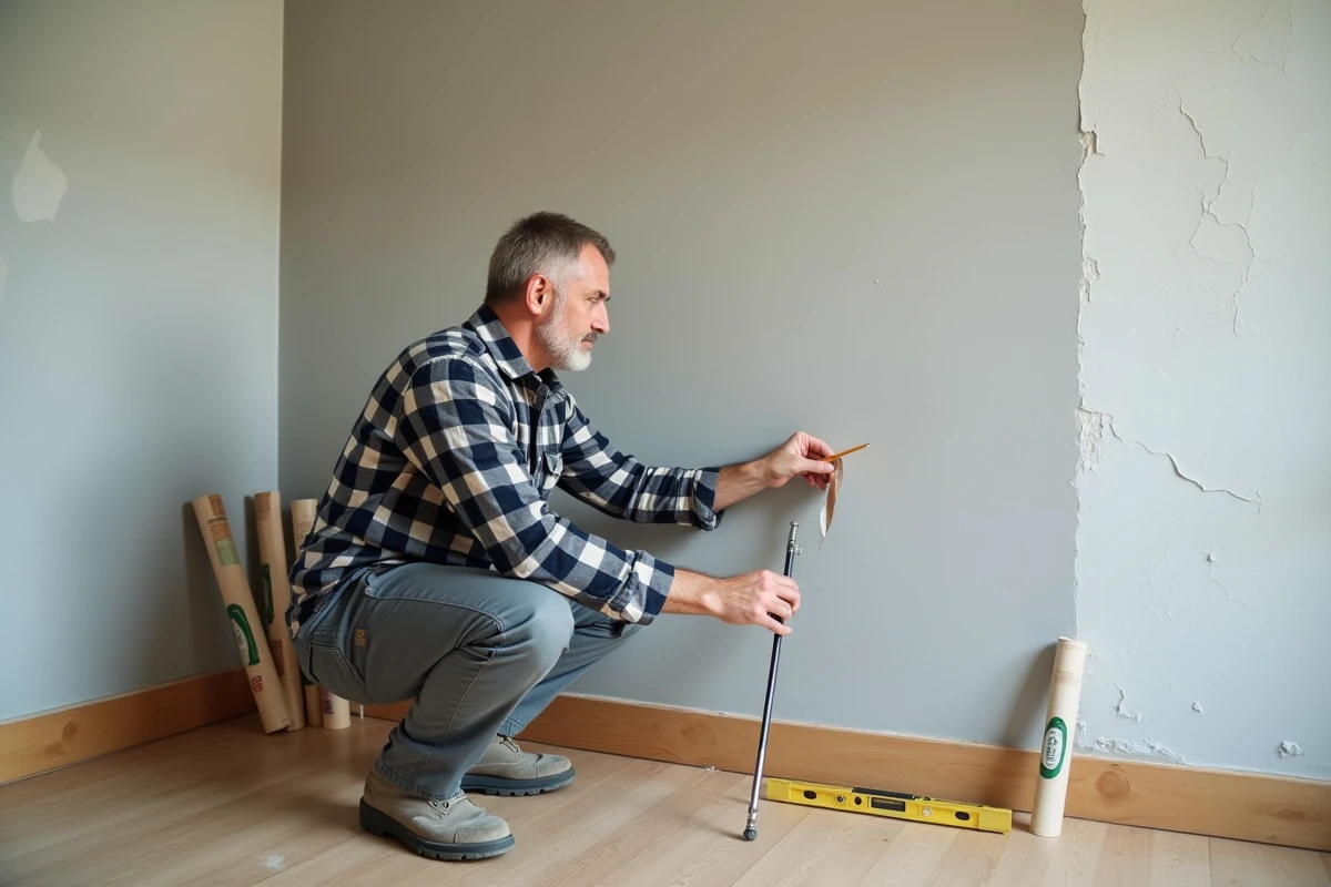 Homme posant du papier peint sur un mur en calculant le raccord de motif pour estimer le nombre de rouleaux nécessaires