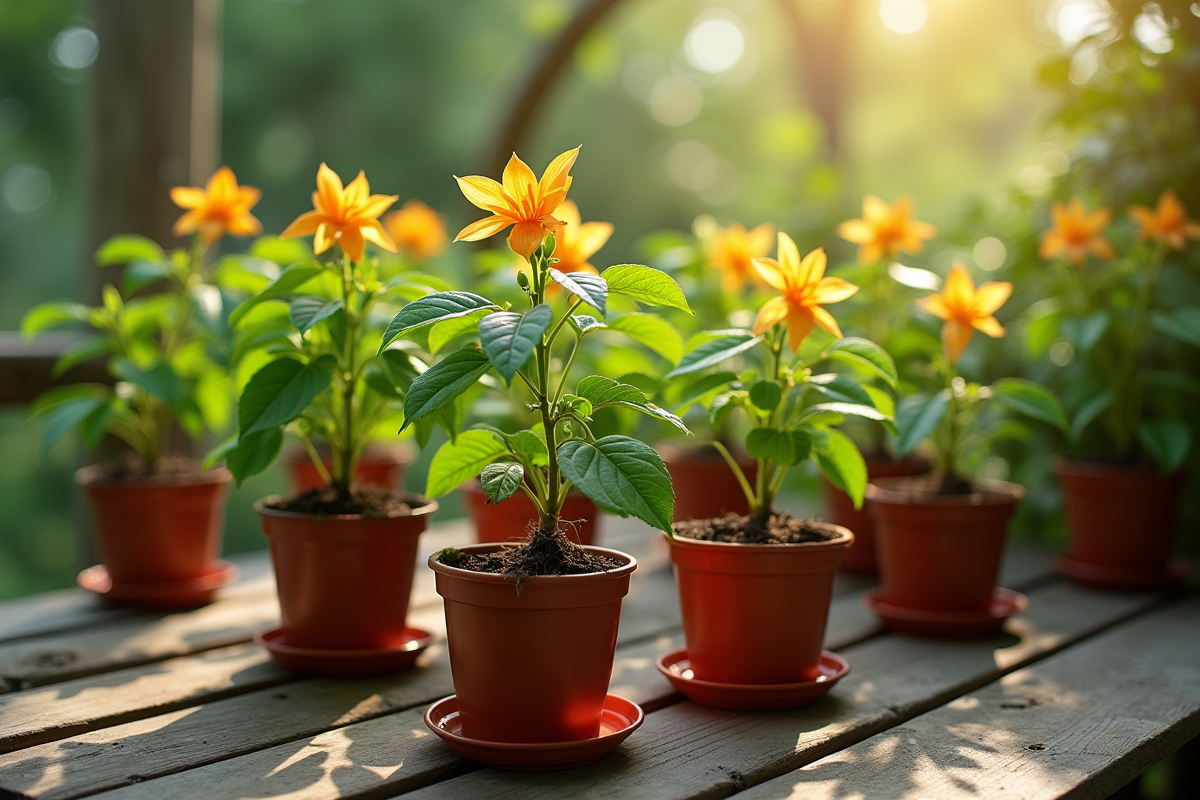 Petits pots de chèvrefeuille avec racines surexposees