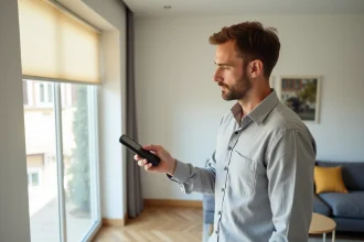 Homme programmant une télécommande Somfy devant une fenêtre avec volets roulants dans un appartement moderne