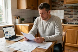 Propriétaire belge comparant des devis de rénovation à table avec un ordinateur portable ouvert sur un site de mise en relation d'artisans
