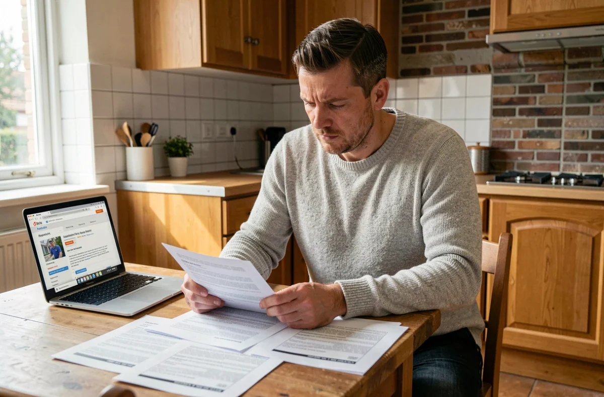 Propriétaire belge comparant des devis de rénovation à table avec un ordinateur portable ouvert sur un site de mise en relation d'artisans