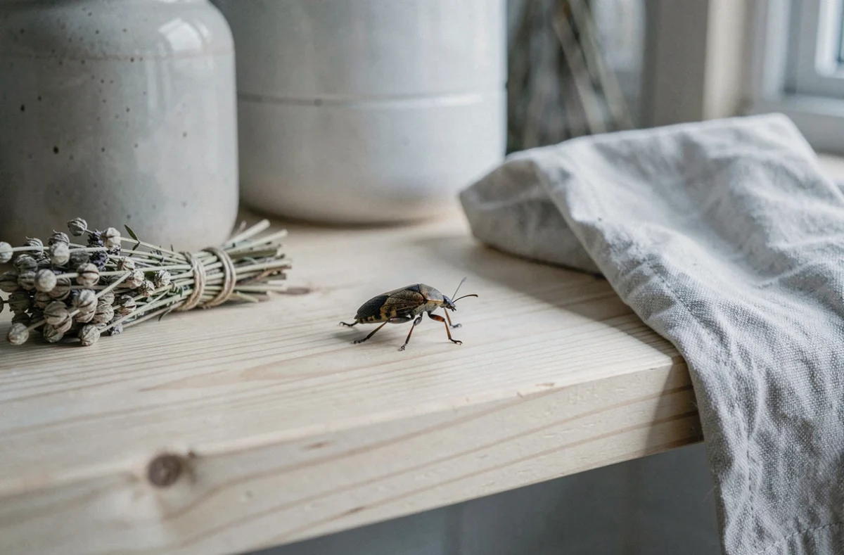 Punaise diabolique sur une étagère en bois dans une cuisine en hiver avec objets du quotidien