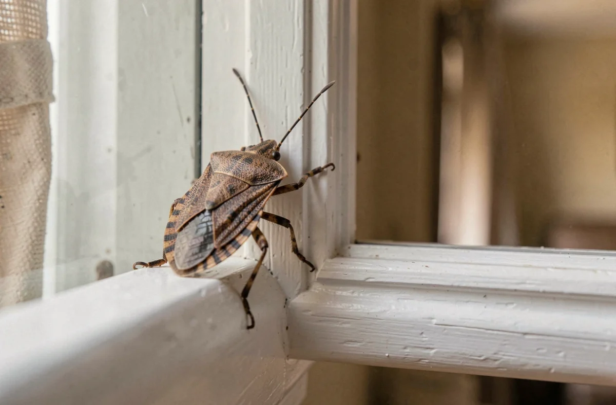 Punaise diabolique vue de près sur un rebord de fenêtre en bois blanc à l'intérieur d'une maison