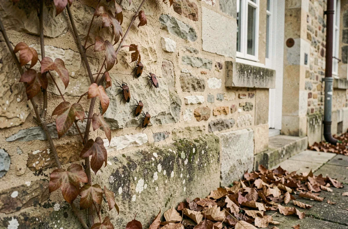 Groupe de punaises diaboliques rassemblées sur un mur en pierre d'une maison en automne