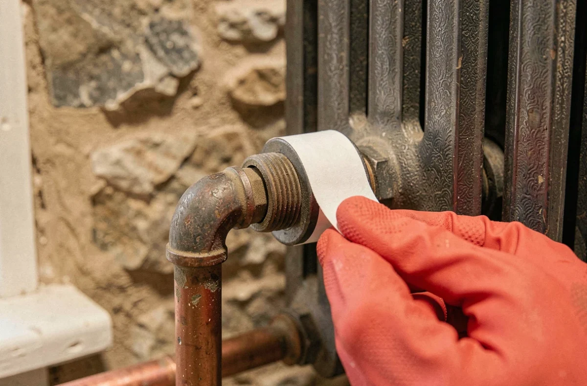 Gros plan sur les mains d'un plombier appliquant du téflon sur le raccord d'un radiateur fonte d'occasion