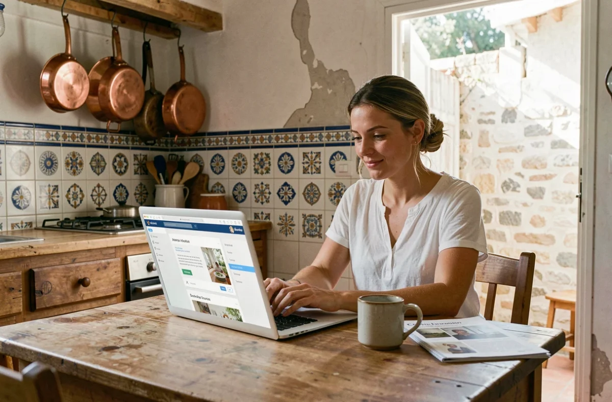 Femme recherchant un artisan en ligne sur son ordinateur dans une cuisine rénovée à Montpellier