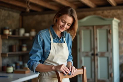 Femme ponçant une chaise en bois dans un atelier rustique