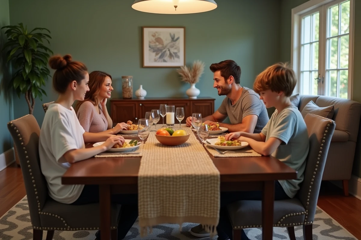 Repas en famille autour d'une grande table extensible en noyer avec buffet et décoration murale dans une salle à manger spacieuse