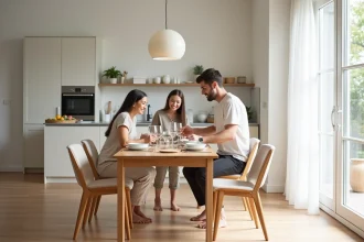 Salle à manger moderne avec table en chêne et chaises rembourrées beige dans un espace ouvert lumineux