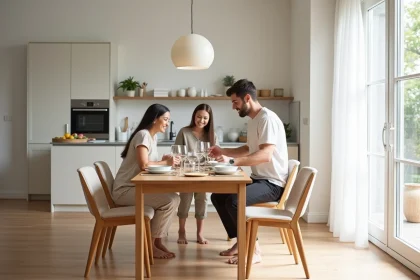 Salle à manger moderne avec table en chêne et chaises rembourrées beige dans un espace ouvert lumineux