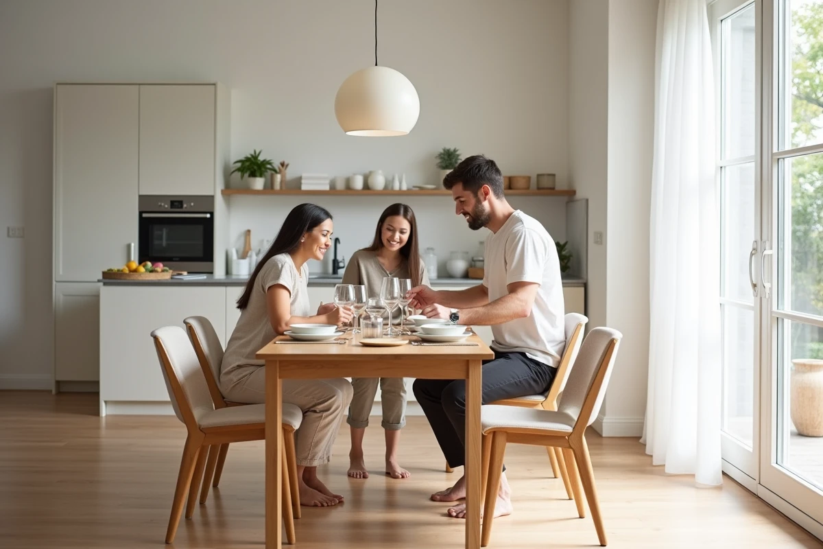 Salle à manger moderne avec table en chêne et chaises rembourrées beige dans un espace ouvert lumineux