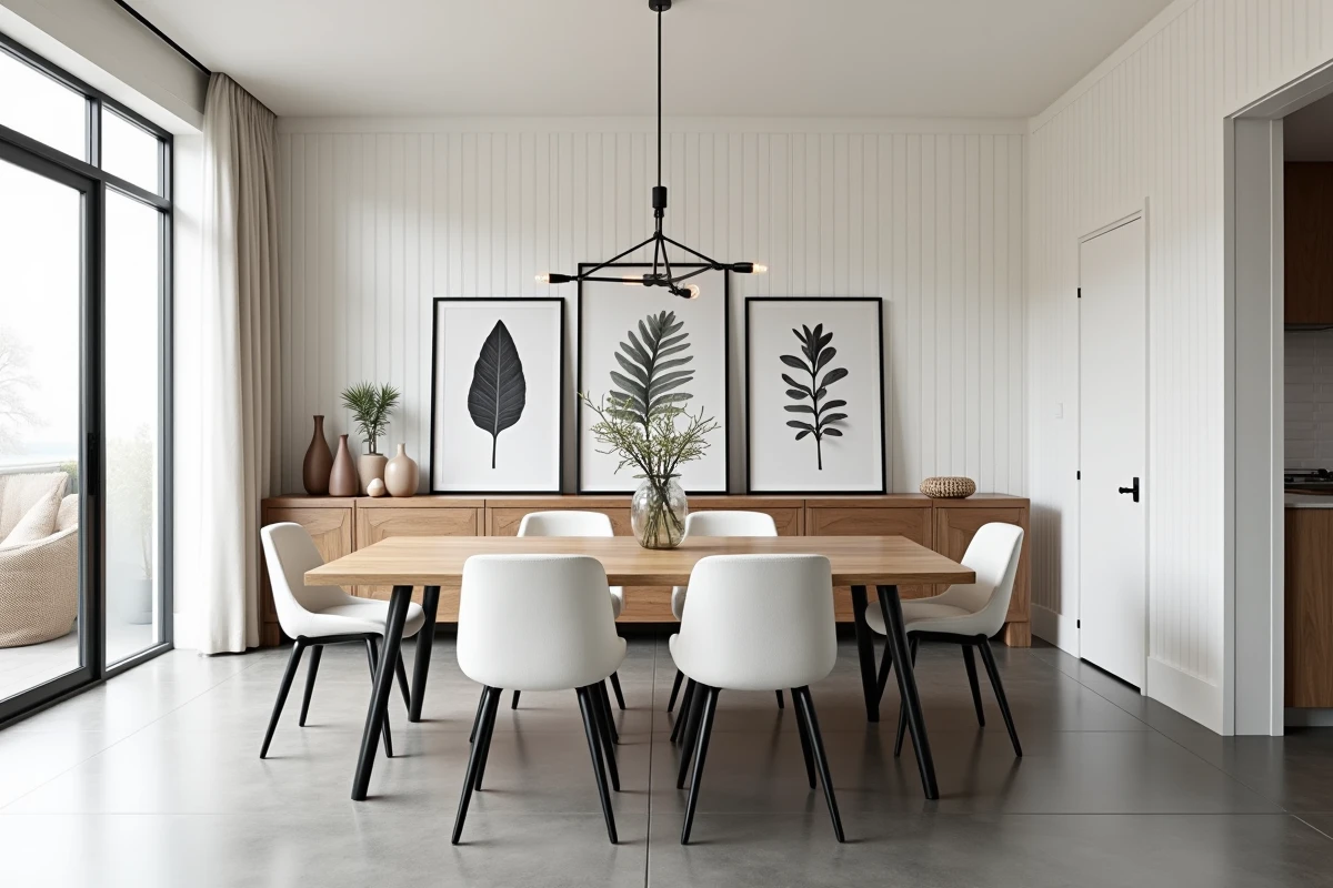 Salle à manger avec table en chêne blanc et chaises noires et blanches, buffet en bois et triptyque botanique noir et blanc