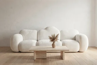 Salon minimaliste épuré avec canapé nuage blanc moelleux sur parquet chêne clair, table basse en travertin et décoration sobre