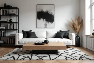 Salon moderne en noir et blanc avec table basse en chêne et tapis géométrique, mêlant bois naturel et décoration épurée