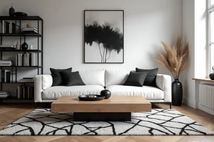 Salon moderne en noir et blanc avec table basse en chêne et tapis géométrique, mêlant bois naturel et décoration épurée