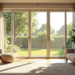 Salon spacieux avec porte moustiquaire en été en lumière naturelle