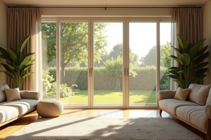 Salon spacieux avec porte moustiquaire en été en lumière naturelle