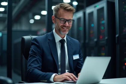 Homme d affaires en costume informatique dans une salle serveurs