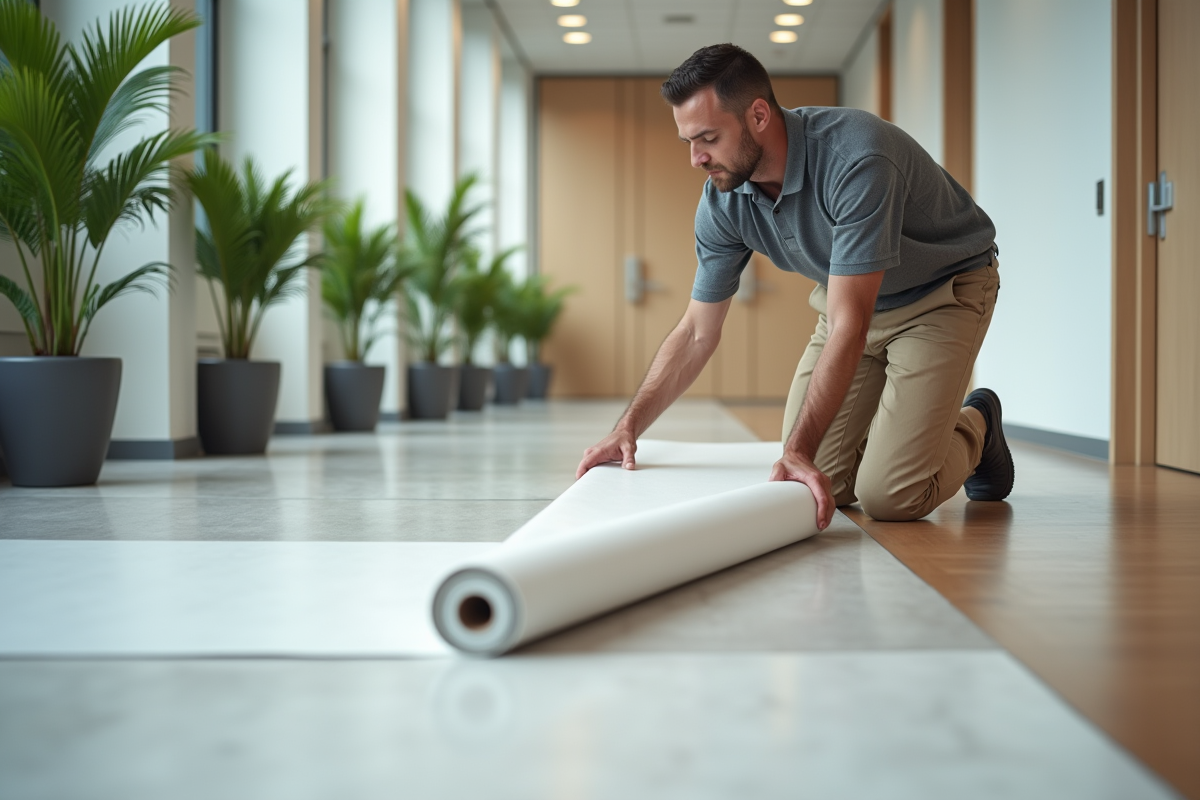 Spécialiste en sol posant un linoléum dans un couloir professionnel