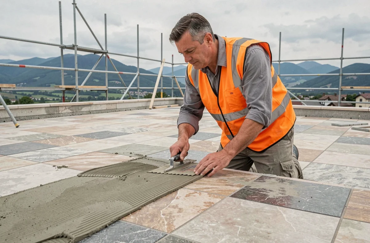 Technicien de STR Travaux et Rénovation appliquant du mortier sur une terrasse extérieure en Isère