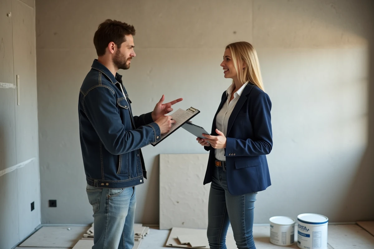 Femme supervisant des travaux de rénovation intérieure avec un artisan dans un salon en cours de chantier