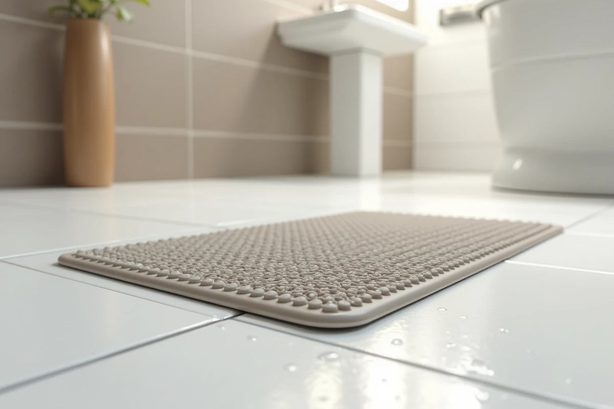 Tapis antidérapant de bain posé sur un carrelage blanc avec ventouses visibles et gouttes d'eau