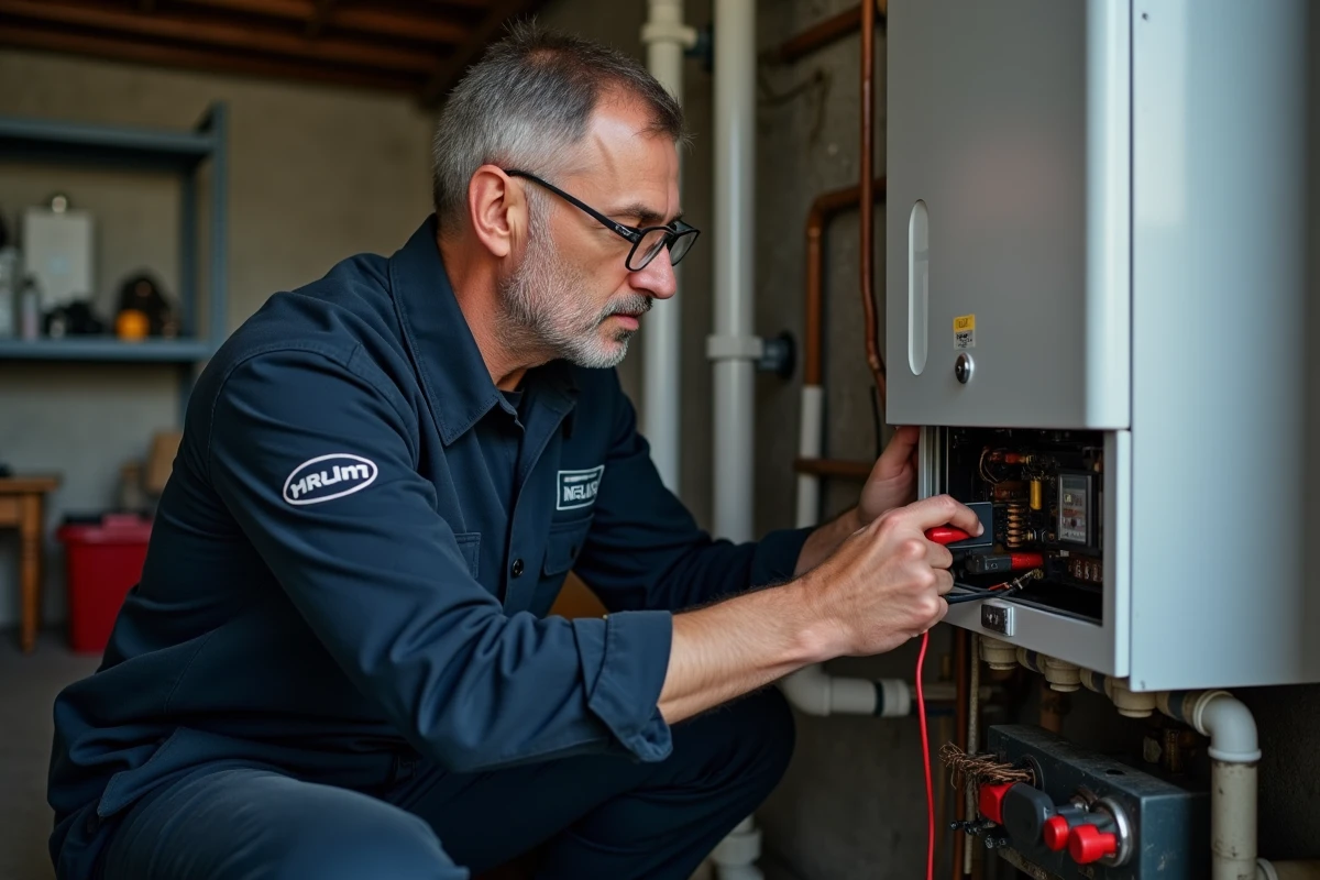 Technicien en chauffage inspectant une chaudière électrique ouverte dans un sous-sol résidentiel avec multimètre