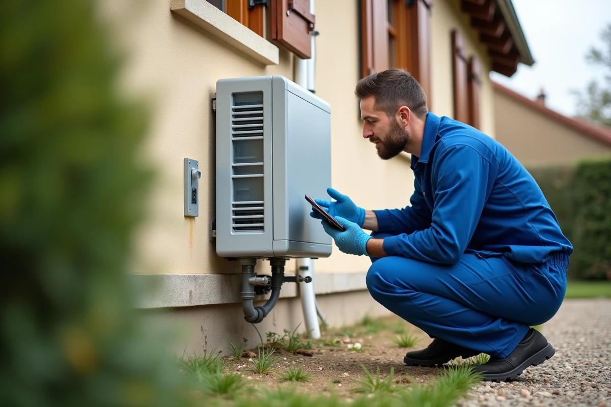 Technicien inspectant une pompe à chaleur installée sur la façade d'une maison française