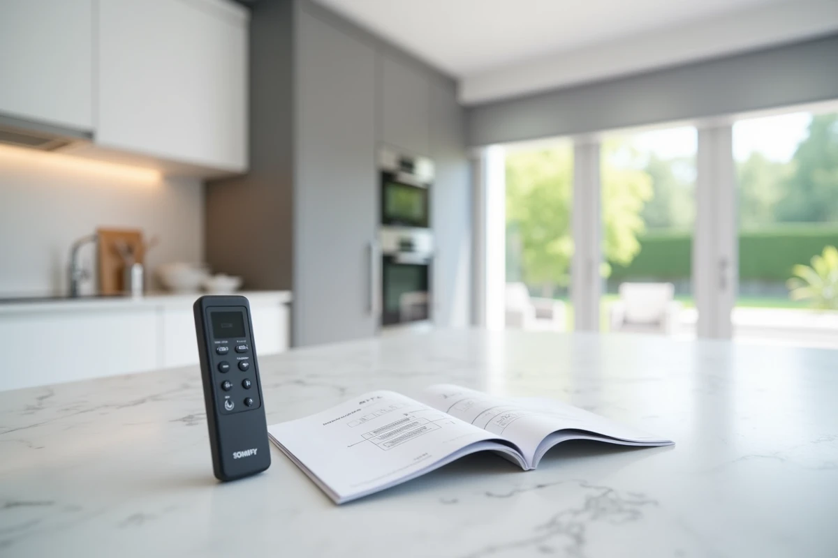 Télécommande Somfy RTS posée sur un plan de travail en marbre avec notice de programmation ouverte