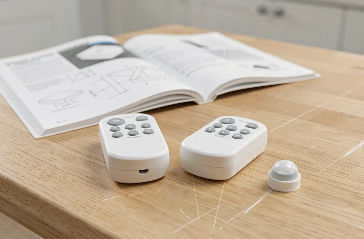 Télécommandes Velux et capteur de pluie posés sur une table en bois avec notice de configuration