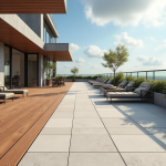 Terrasse moderne avec sols variés et mobilier extérieur