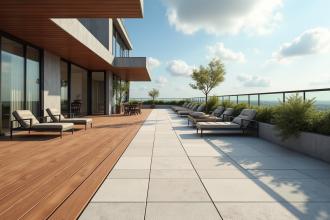 Terrasse moderne avec sols variés et mobilier extérieur
