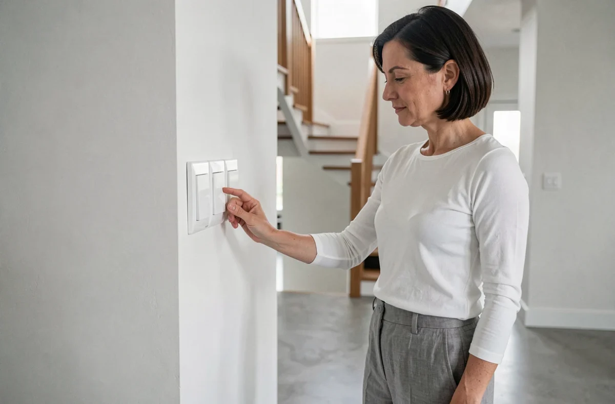 Femme testant plusieurs boutons poussoirs Legrand installés en série dans un couloir d'appartement contemporain