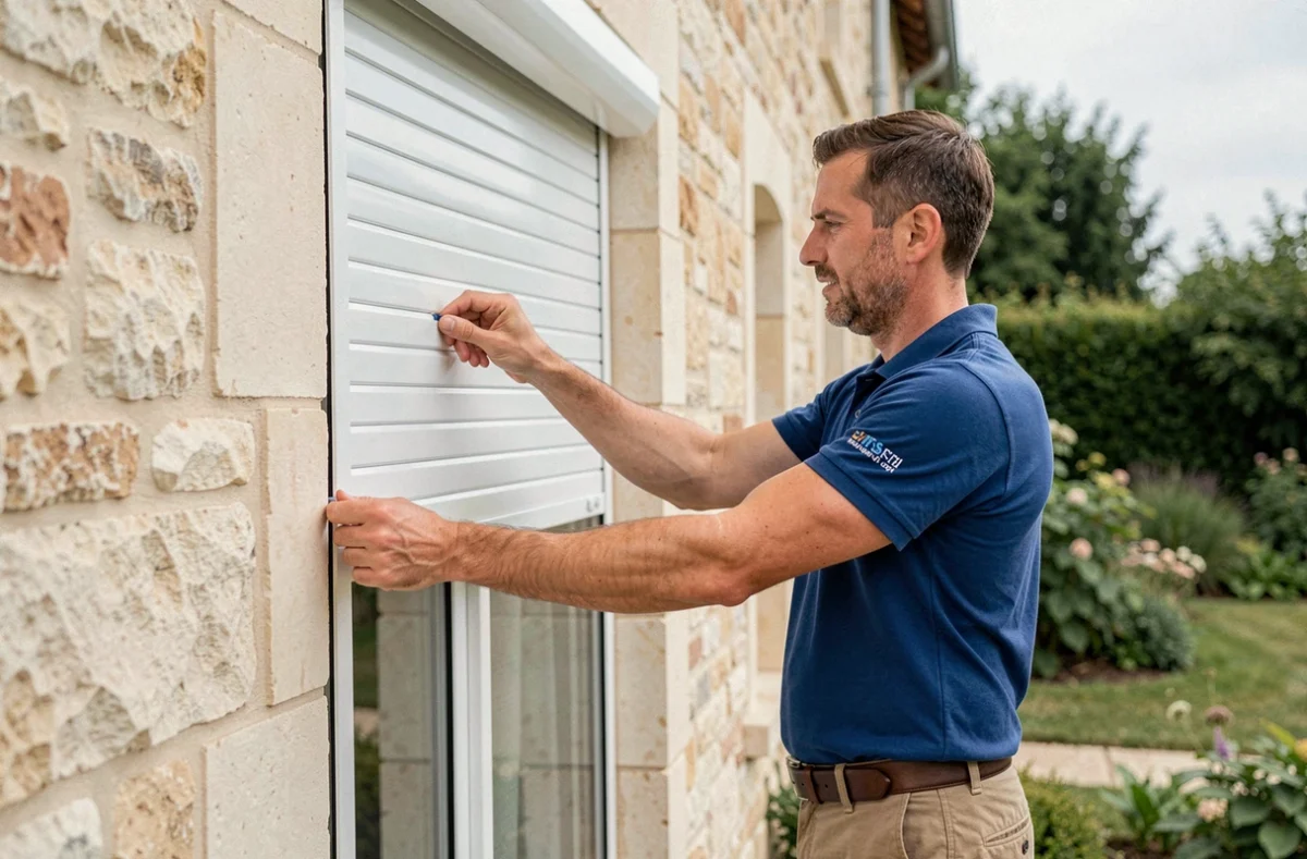 Technicien de Top Fermetures installant un volet roulant PVC blanc sur une maison en tuffeau de la Loire