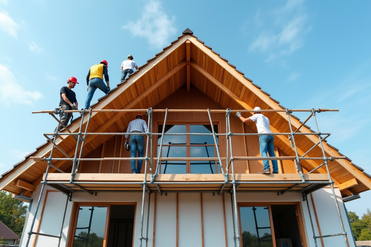 Equipe de construction travaillant sur la structure du toit