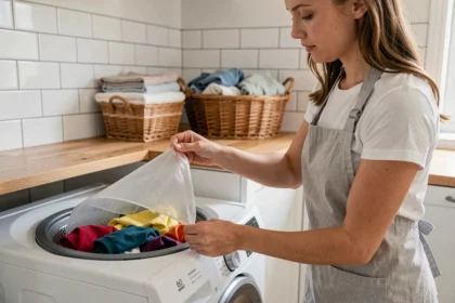 Femme utilisant une lessive feuille dans un lave-linge moderne pour un linge propre
