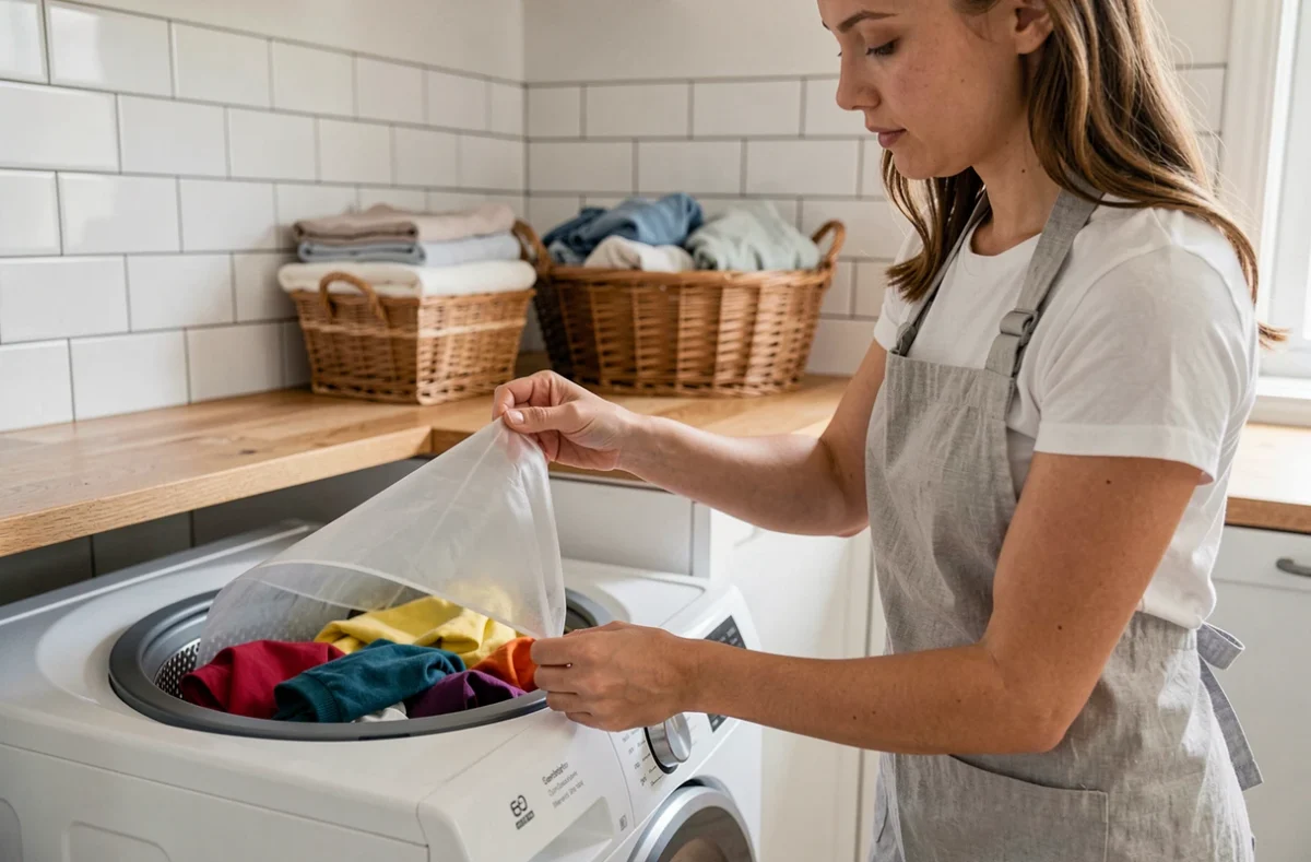 Femme utilisant une lessive feuille dans un lave-linge moderne pour un linge propre