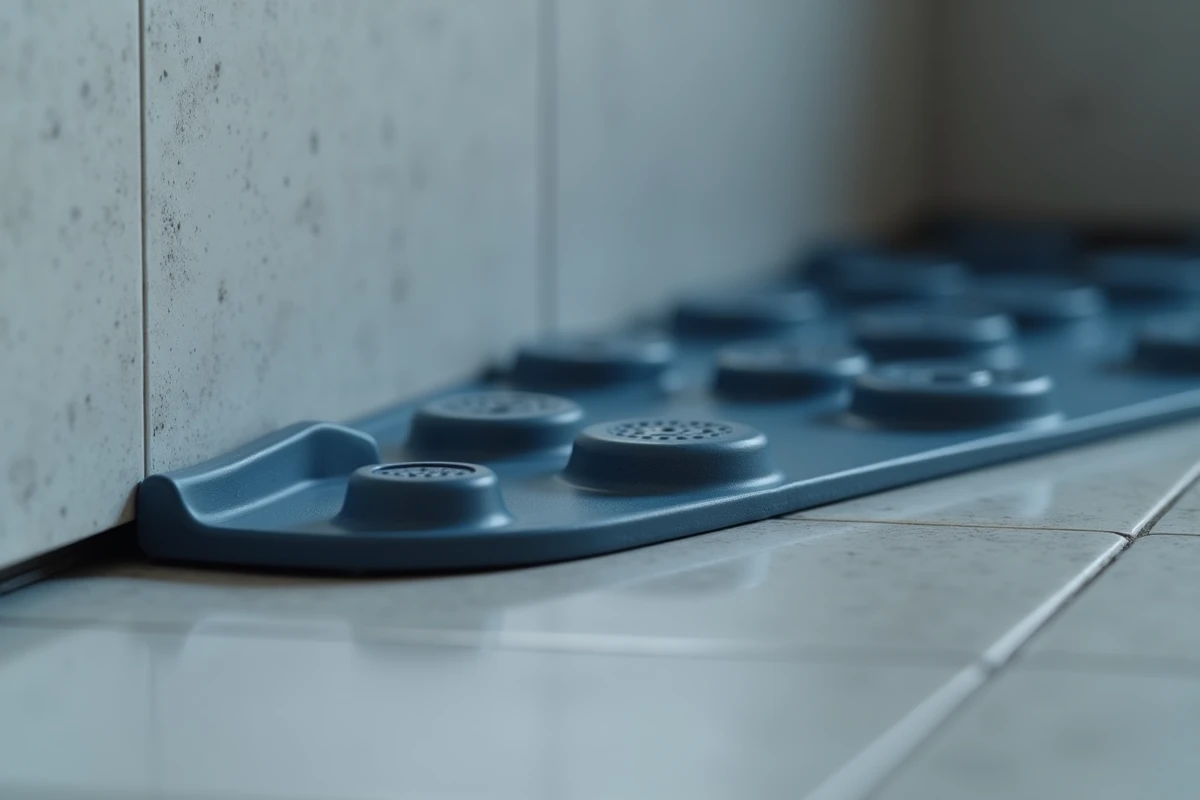 Gros plan des ventouses d'un tapis antidérapant en contact avec un carrelage gris brillant