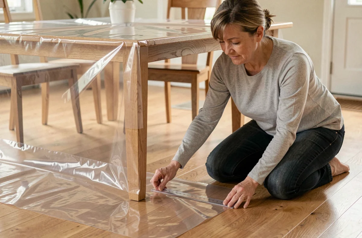 Femme vérifiant le bord de découpe d'une toile cirée transparente épaisse posée sur une table en bois massif