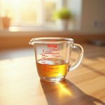 Verre mesure 50 ml sur plan de cuisine lumineux