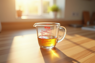 Verre mesure 50 ml sur plan de cuisine lumineux