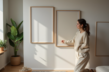 Femme moderne arrangeant des cadres d'art dans un salon