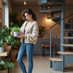 Femme stylée arrangeant des plantes dans un salon rénové