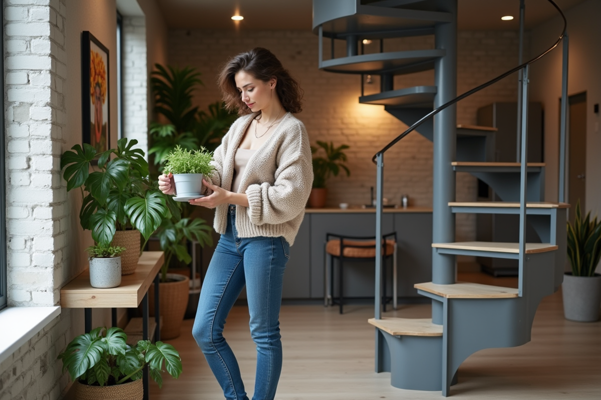 Femme stylée arrangeant des plantes dans un salon rénové