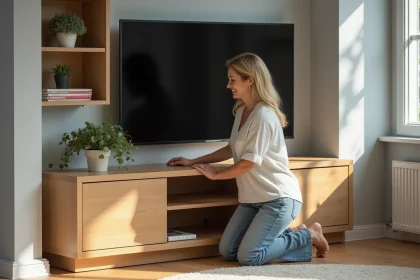 Femme assise pr&egrave;s d'un meuble TV moderne en salon lumineux
